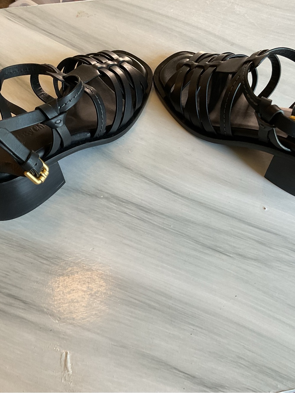 Chloe Black Strappy Leather Gladiator Sandals with Gold Buckle - Picture 2 of 7